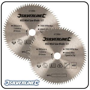 85mm HSS Circular Saw Blade, 10mm Bore, Z=80 to suit Silverline, Titan & Worx mini saws - 2 pack