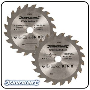 85mm TCT Circular Saw Blade, 10mm Bore, Z=20 to suit Silverline, Titan & Worx mini saws - 2 pack