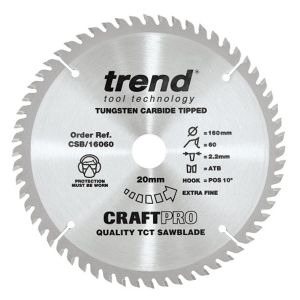 Trend 160mm dia 20mm Bore ATB Z=60 TCT Fine Finish Cut Saw Blade CSB/16060 