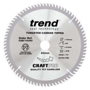 Trend 160mm dia 20mm Bore ATB Z=80 TCT Extra Fine Finish Cut Saw Blade CSB/16080 