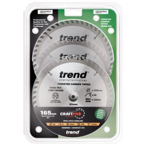 Trend 165mm dia 20mm Bore ATB Z=48 TCT Saw Blade Triple Pack CSB/165/3PK/A