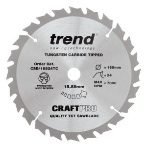 Trend 165mm dia 15.88mm Bore ATB Z=24 TCT Saw Blade for Portable Saws CSB/16524TC