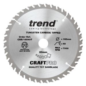 Trend 165mm dia 20mm Bore ATB Z=40 TCT Saw Blade for Portable Saws CSB/16540T