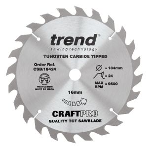 Trend 184mm dia 16mm Bore ATB Z=24 TCT Table / Rip Saw Blade CSB/18424