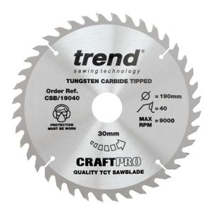 Trend 190mm dia 30mm Bore ATB Z=40 TCT Table / Rip Saw Blade CSB/19040