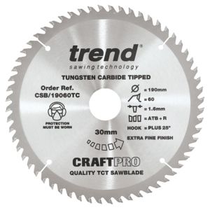 Trend 190mm dia 30mm bore ATB Z=60 TCT Saw blade CSB/19060TC