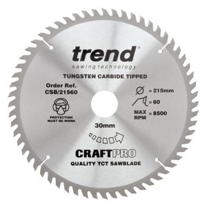 Trend 215mm dia 30mm Bore ATB Z=60 TCT Table / Rip Saw Blade CSB/21560