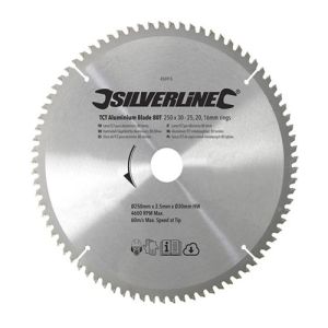 Silverline 250 dia x 30 bore Z=80 Aluminum TCT Saw Blade including 25,20,16mm Reduction Rings SBALUTRI25080SL.