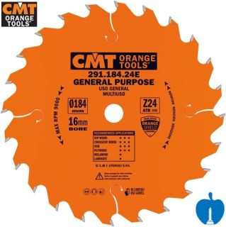 184mm Diameter 24 Tooth CMT Handheld/Portable Circular Saw Blade With 16mm Bore 291.184.24E