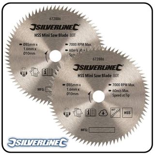 85mm HSS Circular Saw Blade, 10mm Bore, Z=80 to suit Silverline, Titan & Worx mini saws - 2 pack