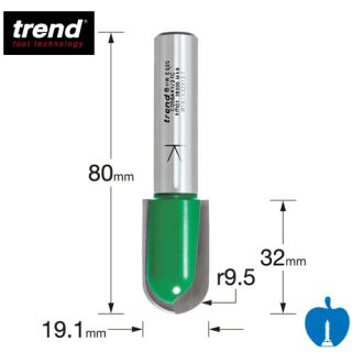 Trend 19.1mm Diameter x 32mm Cut Length With 9.5mm Radius Cove Style Router Cutter With 1/2" Shank C056A