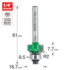 Trend 2mm Radius Router Cutter with Bottom Bearing S=1/4"