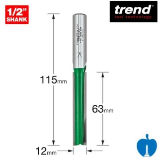 12mm Diameter x 63mm Cut 2 Flute Trend Straight Cut Router Cutter with 12.7mm Shank For Use With Trend Lock Jigs