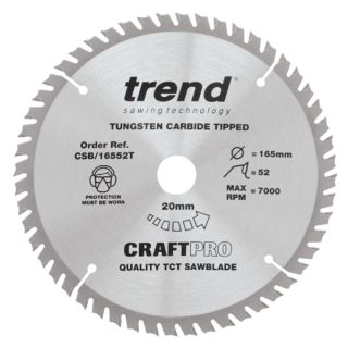 Trend 165mm dia 20mm Bore ATB Z=52 TCT Saw Blade for Portable Saws CSB/16552T