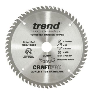 Trend 165mm dia 20mm Bore ATB Z=60 TCT Saw Blade CSB/16560