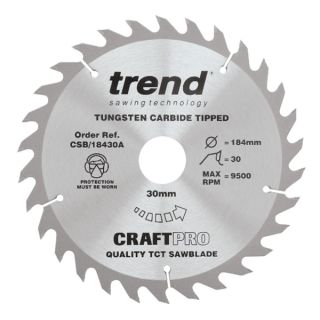 Trend 184mm dia 30mm Bore ATB Z=30 TCT Table / Rip Saw Blade CSB/18430A