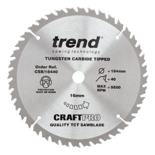 Trend 184mm dia 16mm Bore ATB Z=40 TCT Table / Rip Saw Blade CSB/18440