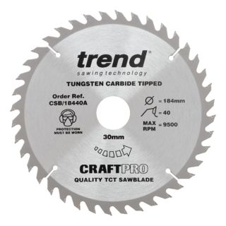 Trend 184mm dia 30mm Bore ATB Z=40 TCT Table / Rip Saw Blade CSB/18440A