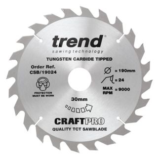 Trend 190mm dia 30mm Bore ATB Z=24 TCT Table / Rip Saw Blade CSB/19024