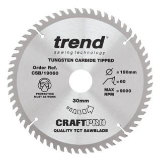 Trend 190mm dia 30mm Bore ATB Z=60 TCT Table / Rip Saw Blade CSB/19060