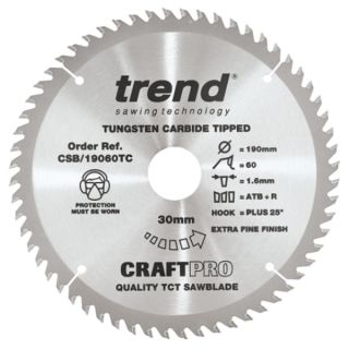 Trend 190mm dia 30mm bore ATB Z=60 TCT Saw blade CSB/19060TC