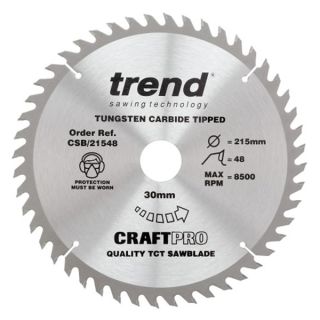 Trend 215mm dia 30mm Bore ATB Z=48 TCT Table / Rip Saw Blade CSB/21548