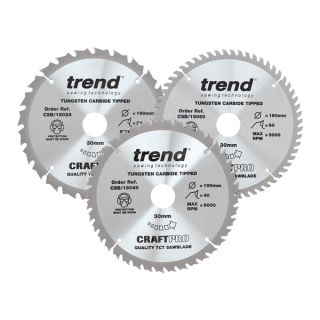 Trend 190mm Dia 30mm Bore ATB Z=24,40,60TCT Saw Blade CSB/190/3pK