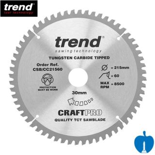 215mm Diameter 60 Tooth Trend Craft Pro Negative Crosscut Circular Saw Blade With 30mm Bore CSB/CC21560