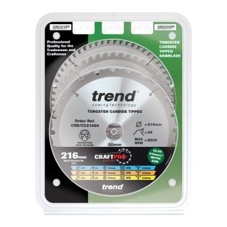 Trend 216mm dia 30mm Bore ATB Z=24 & 40 & 60 TCT Saw Blade Triple Pack CSB/216/3PK